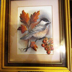 Vintage Framed 3D Shadow box of Chickadee on a branch by Crystal Skelley 1984